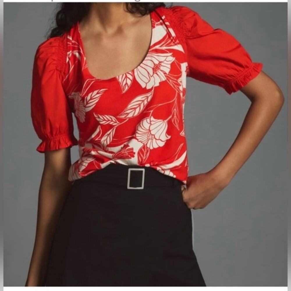 NEW Maeve Anthropologie Red Tropical Floral Puff Sleeve Cotton Top Womens Med